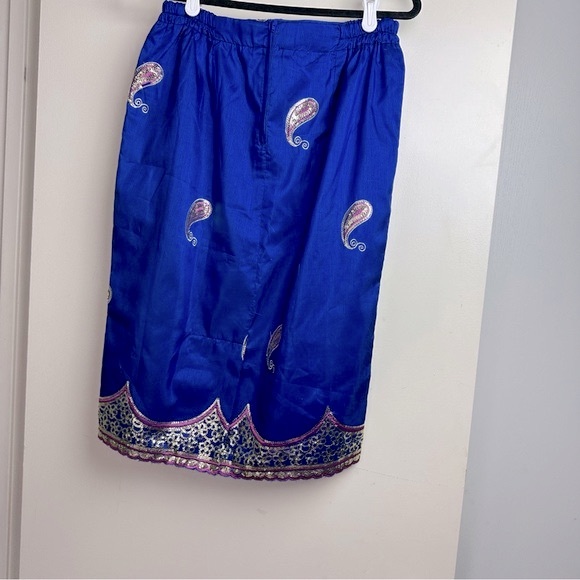Vintage Blue Embroidered Gold Sequins Paisley All Over Embellished Trim Skirt - Picture 2 of 15